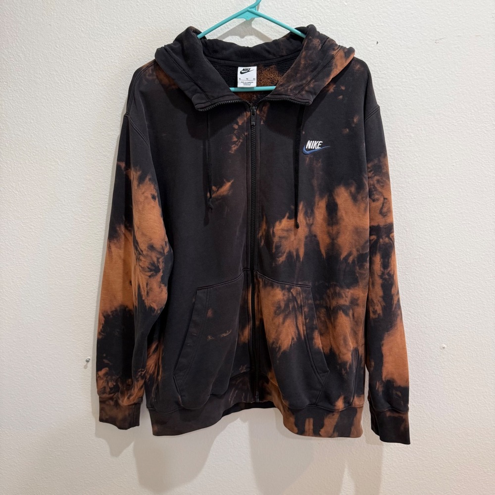 Nike Mens XL Custom Bleach Dye Full Zip Hoodie Black Orange Acid Wash Sweatshirt